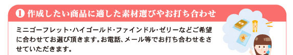 1.作成したい商品に適した素材選び／ミニゴーフレット・ハイゴールド・ファインドル・ゼリーなどご希望に合わせてお選び頂きます。お電話、メール等でお打ち合わせをさせていただきます。