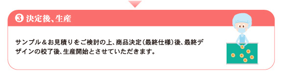 決定後、生産／サンプル＆お見積りをご検討の上、商品決定（最終仕様）後、最終デザインの校了後、生産開始とさせていただきます