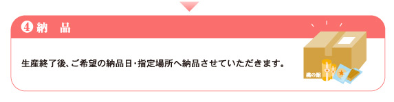 納品／生産終了後、ご希望の納品日・指定場所へ納品させていただきます。